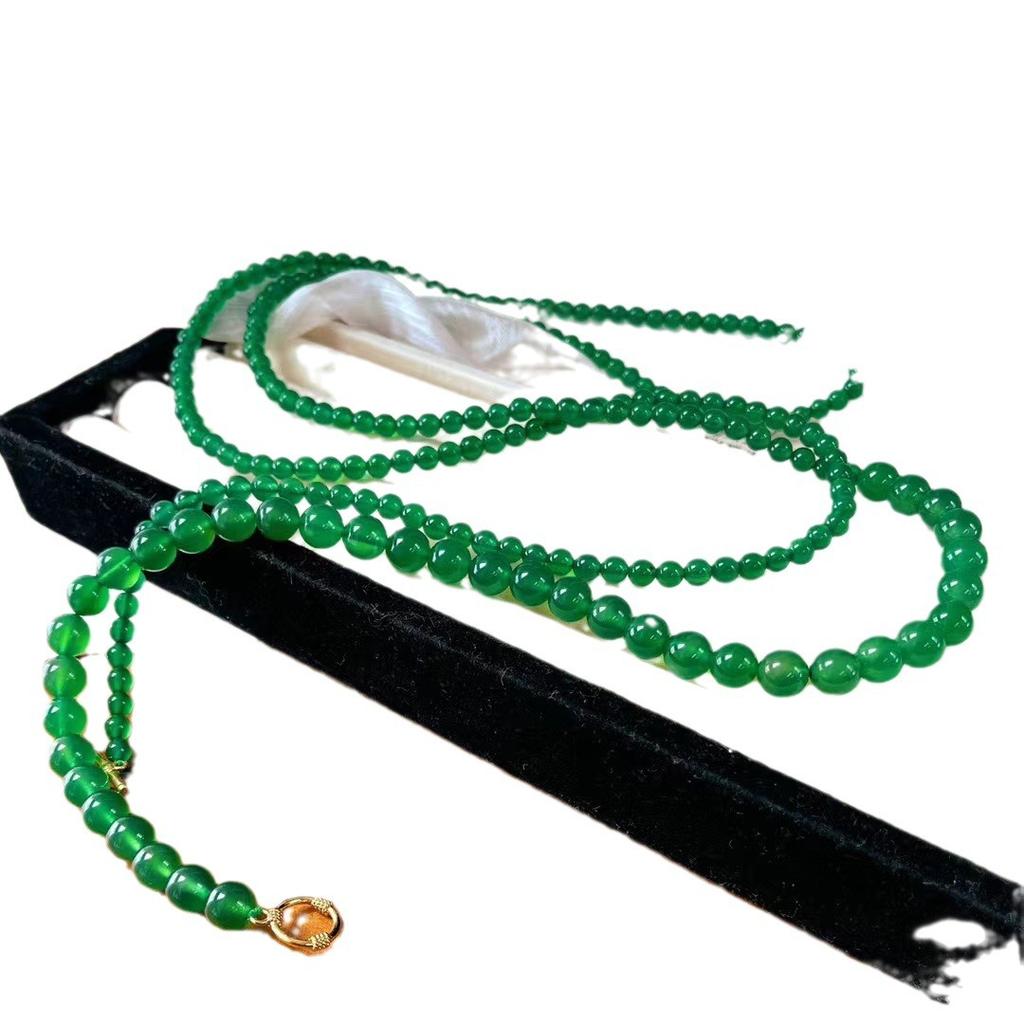 Retro Natural Vitreous Body Zhengyang Green Chalcedony Gradual Change Size Green Agate Sweater Chain Necklace Niche