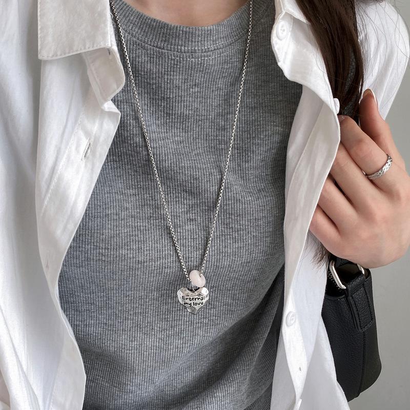 Heart Letter Natural Stone Titanium Steel Necklace - Versatile High-End Sweater Chain for Women
