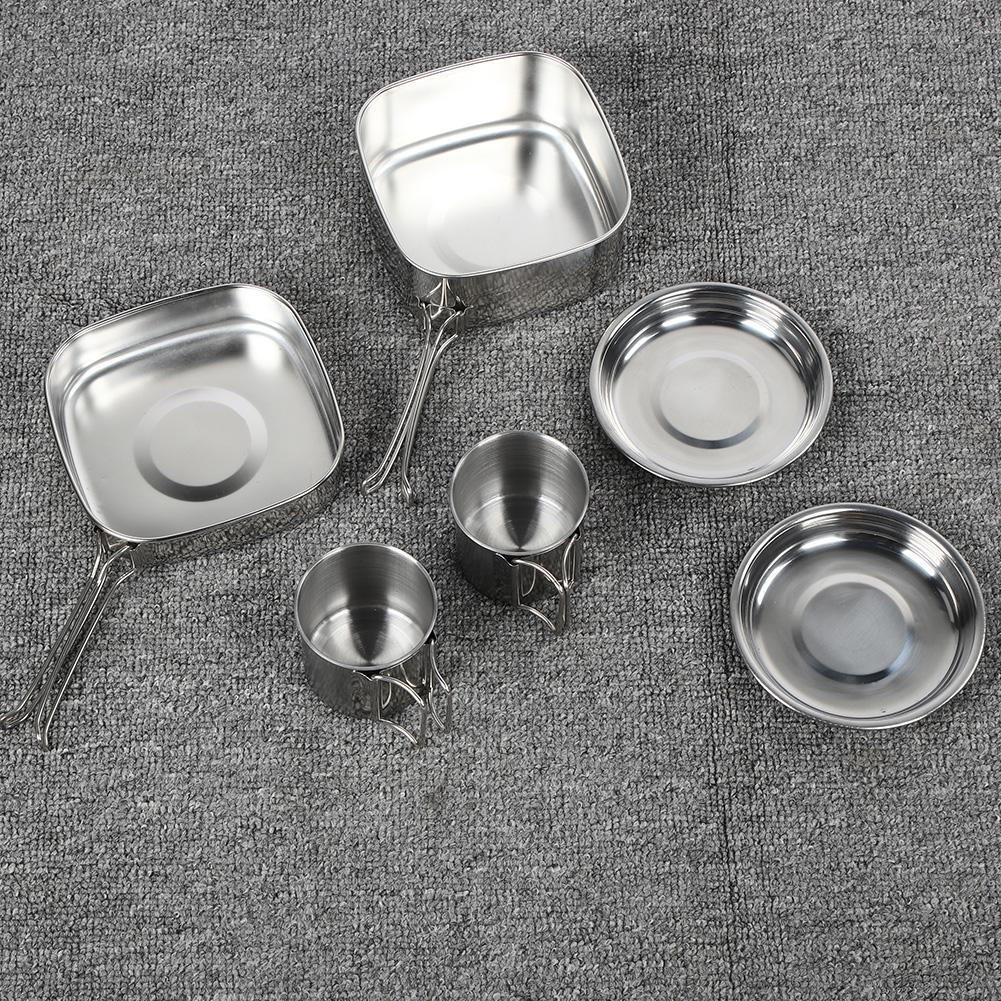 6Pcs Set Stainless Steel Outdoor Camping Cookware Utensils Portable Frying Pan Cups Pot Tableware for PicnicSilver