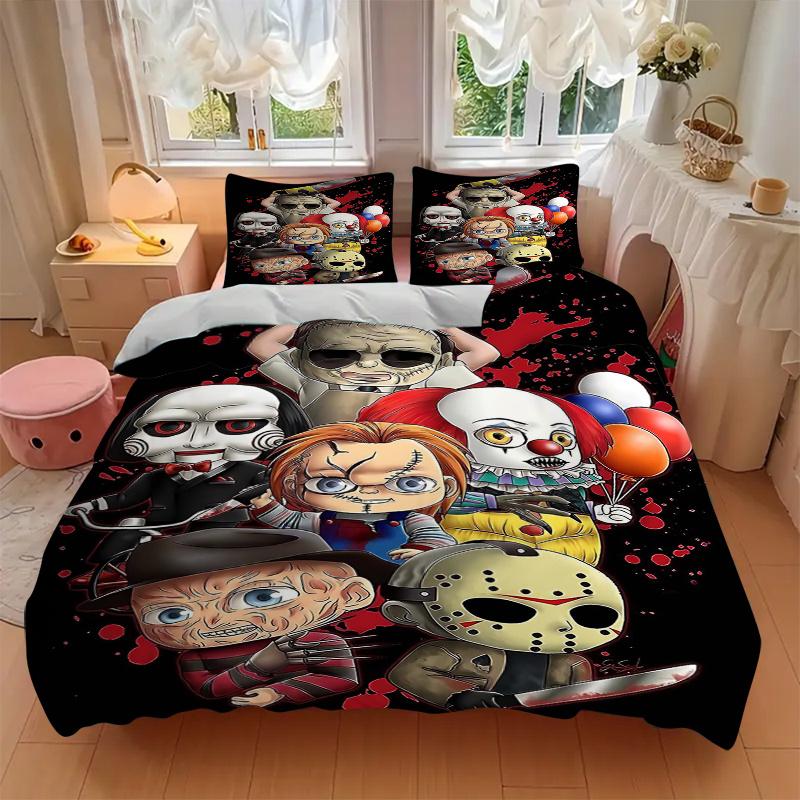 3pcs Horror Icons Printed Quilt Set - Includes 1 Quilt Cover and 2 Pillowcases, Machine Washable - Suitable for All Seasons.C054