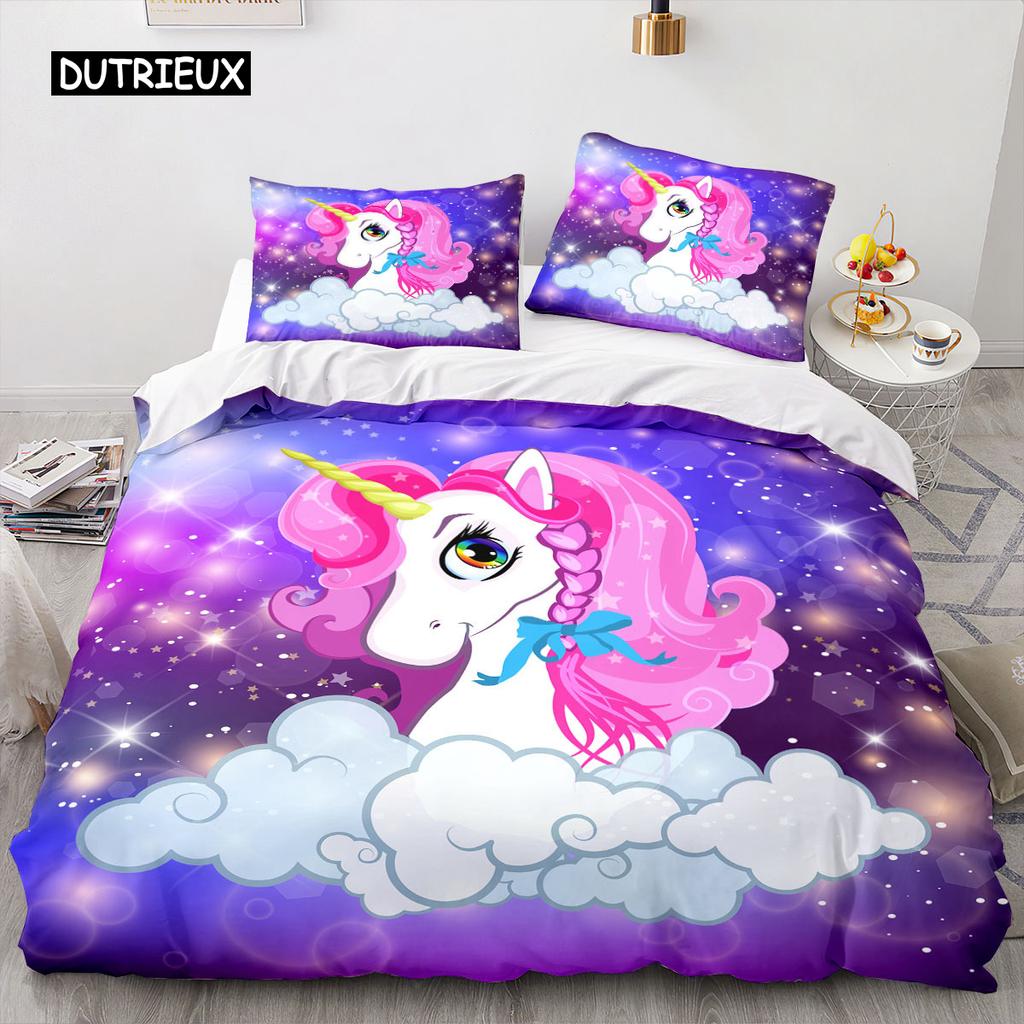 Cartoon Horse Duvet Cover 3D Anime Bedding Set for Kids Girls Soft Microfiber Quilt Cover with Zipper Closure