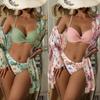 Women S 3 Piece Bikini Set Long Sleeve Cover Up Swimsuit