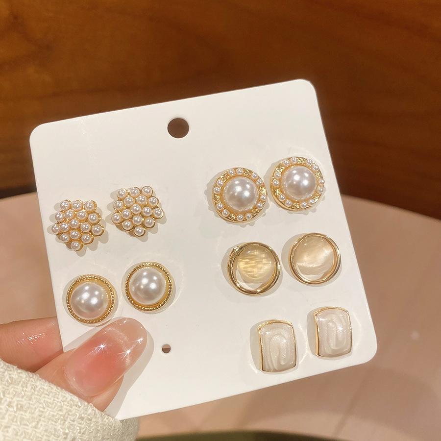 6/10/12 Pcs Simulated Pearl Round Square Stud Earrings Small French Elegant Daity Ear Studs for Women Daily Jewelry Sets F
