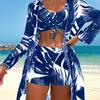 Fashionable Printed Drawstring Top Long Sleeve Mesh Cover Up And Bikinis 3 Piece Beach And Vacation Swimwear Set