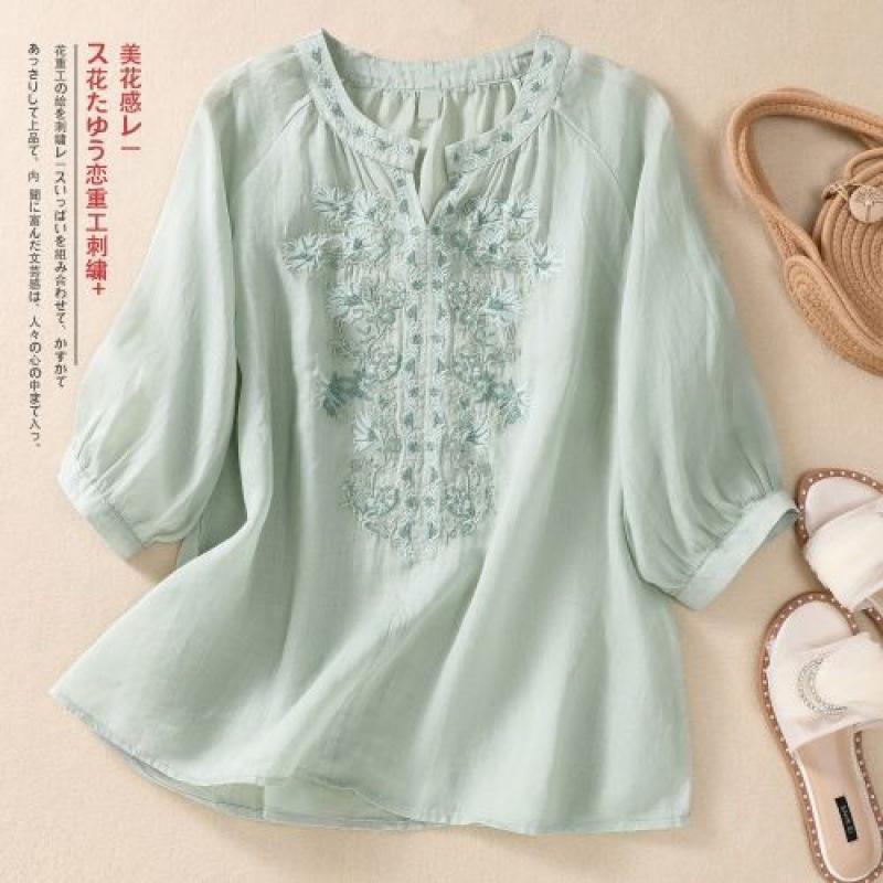 Bavlněná lněná košile s květinovou výšivkou Dámská tříčtvrteční rukávy Výstřih do V Ležérní halenka Volná Jednobarevná Halenka pro matku Dámská