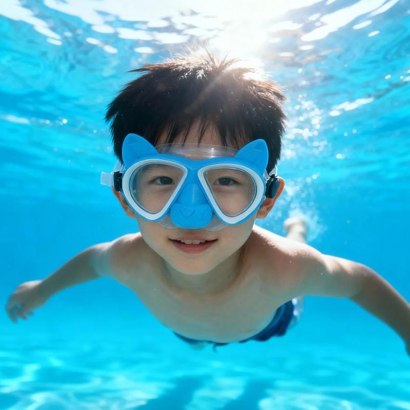 Kids Cartoon 3D Ears Snorkeling Mask Goggles, Tempered Glass Lens, Leak - Proof, Silicone Gear for Swimming & Floating Diving