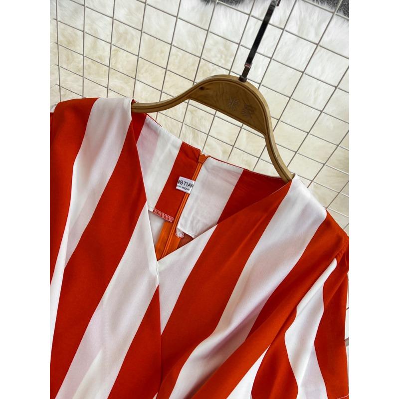 Fashion Celebrity Short Sleeve V-Neck Striped Dress Pants Casual High Waist Skinny Straight Wide Pants Jumpsuit
