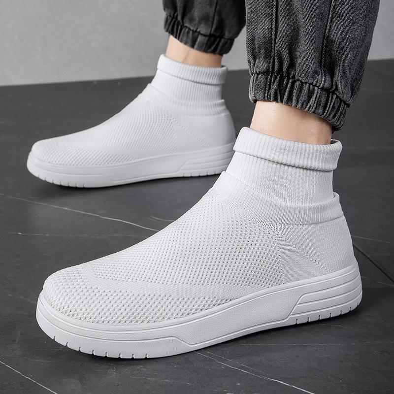 Men's Shoes Autumn New High-top Couple Socks Casual Shoes Large Size Thick Baseplate Shoes Breathable Fly-woven Mesh Sneakers
