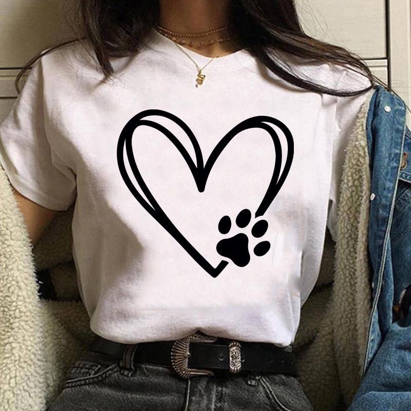 Personalized Creative Heart Dog Paw Print Pattern Printed Tee Women's Funny Casual Shirt Tops Loose Round Neck T-Shirt