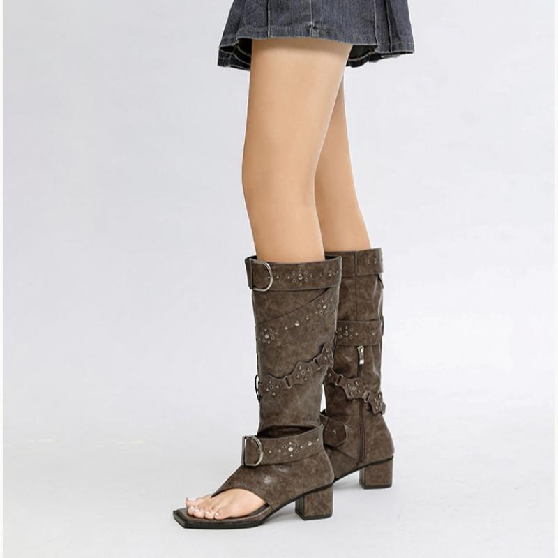 Fashion New Black Brown Rivet Belt Buckle Herringbone Clip Foot Roman Cool Boots Summer 5cm Thick Heel Exposed Toe Long Tube Thin Boots