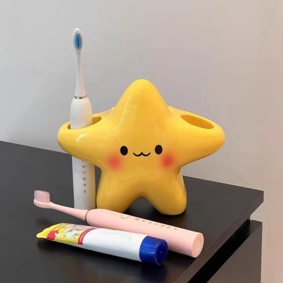 Toothbrush Holder with Water Drainage Air Circulation Star Shape Weighted Base Anti-Tip Design Toothbrushes Bathroom Organizer