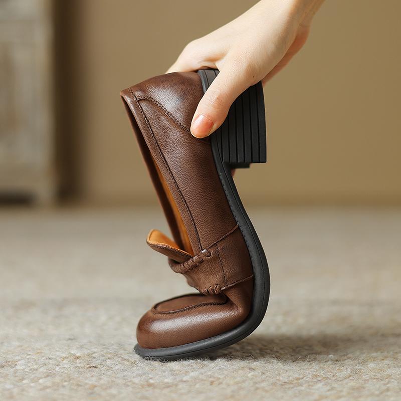 Fashion Retro Mid Heels Women Pumps Genuine Leather High Quality Shoes Woman 2025 Spring Summer Concise Casual Working Pumps Loafers