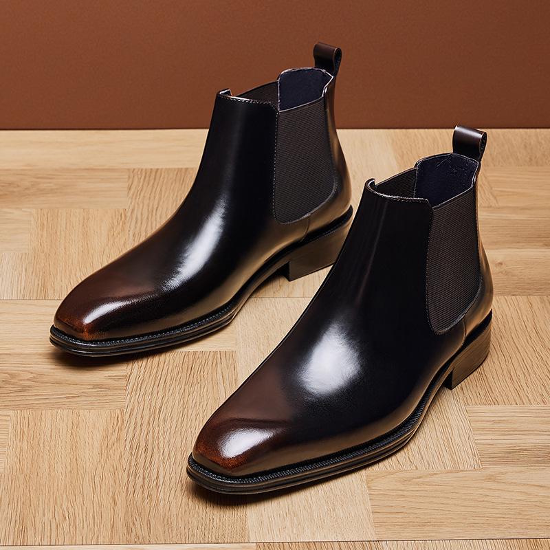 Men's British Style Genuine Cowhide Chelsea Boots - Shiny, Slip-On, Versatile High-Top Leather Footwear for Autumn/Winter