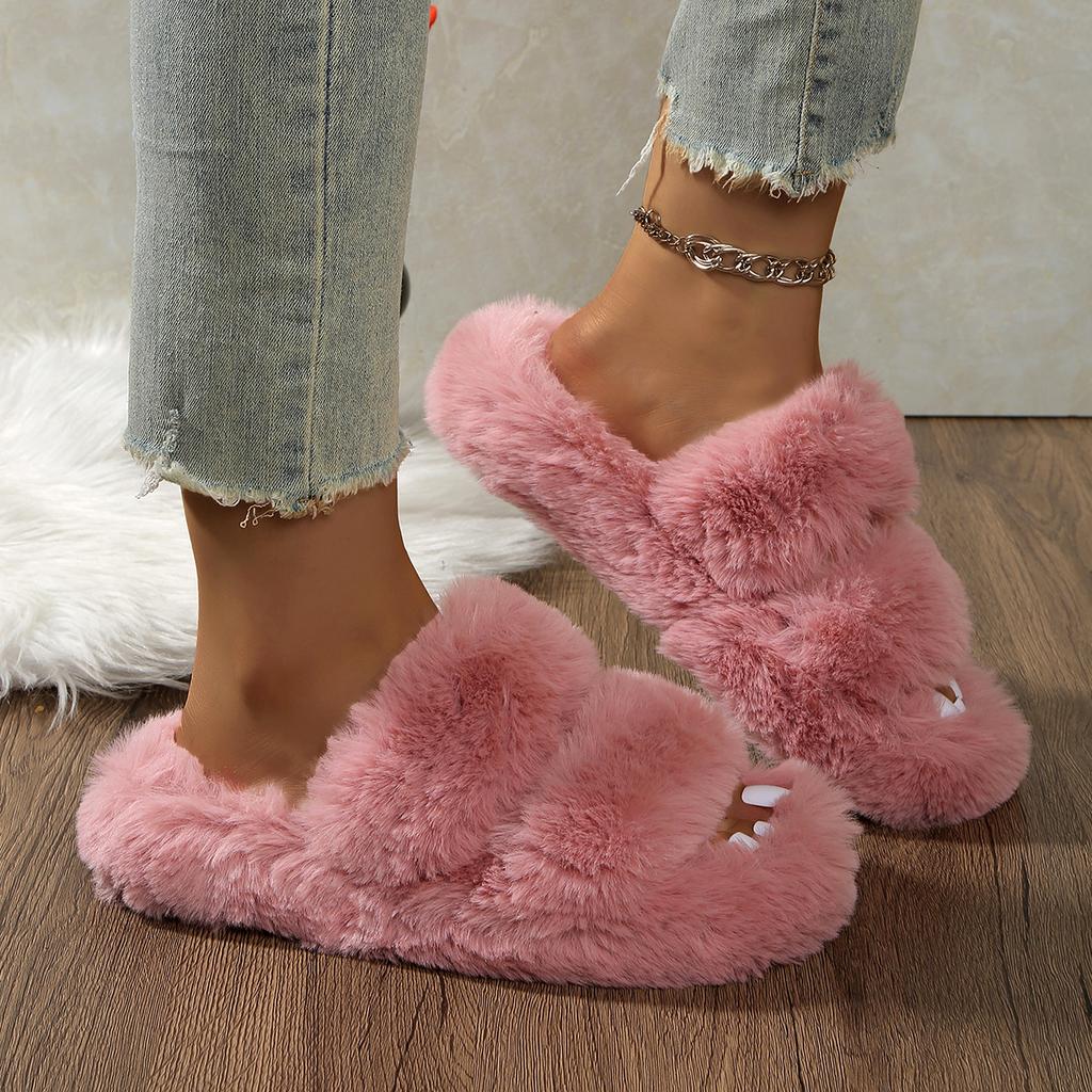 Fashion New Solid Color Women Winter House Furry Slippers Fluffy Fur Home Slides Flat Indoor Floor Shoes Ladies Comfortable Slides Women