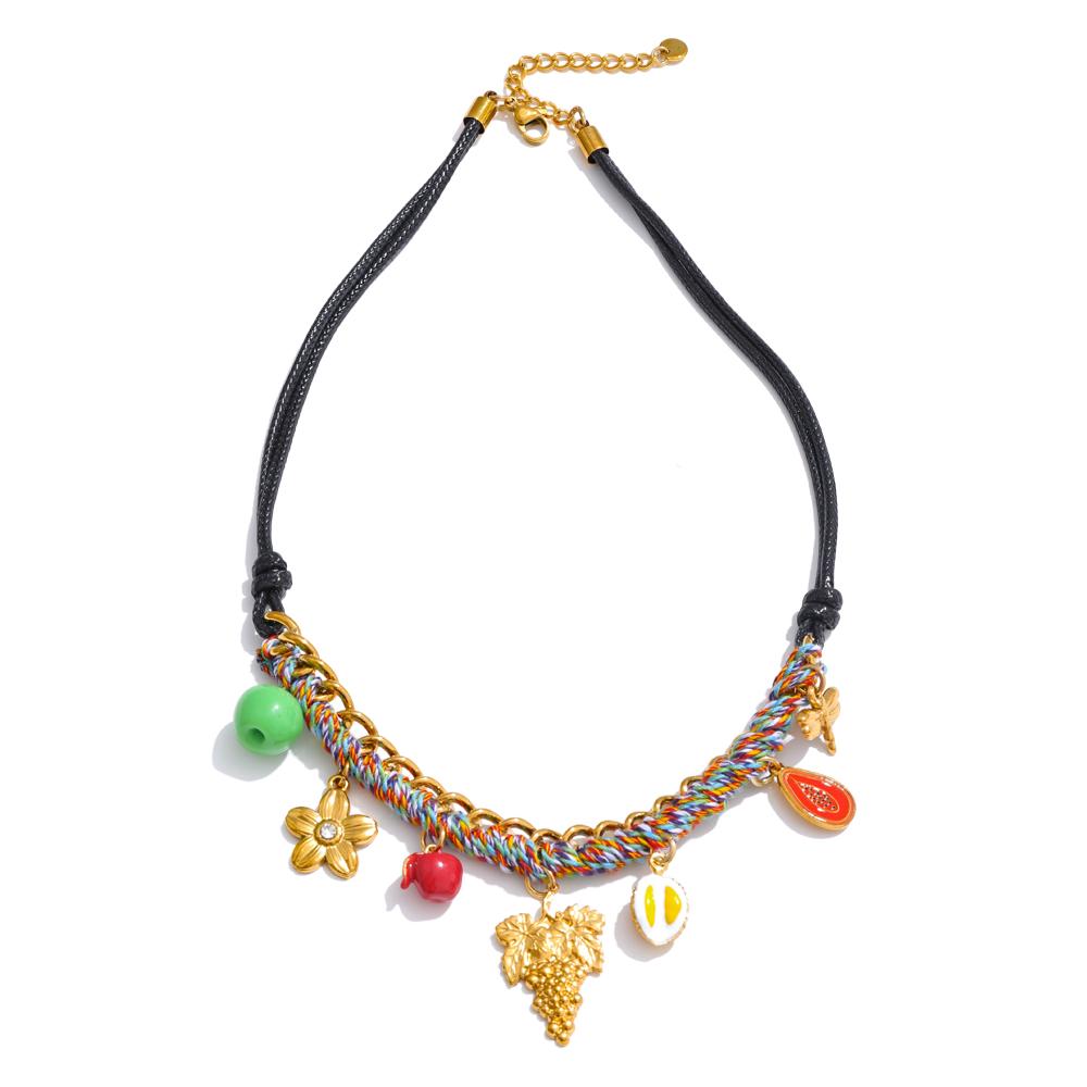 

Eetit 2025 Черный ПУ Кожа Ручная Работа Ювелирный Шнур Плетеный Цветок Фрукт Подвеска Капля Модные Аксессуары Рекомендовать Подарок 43+6cm золотой