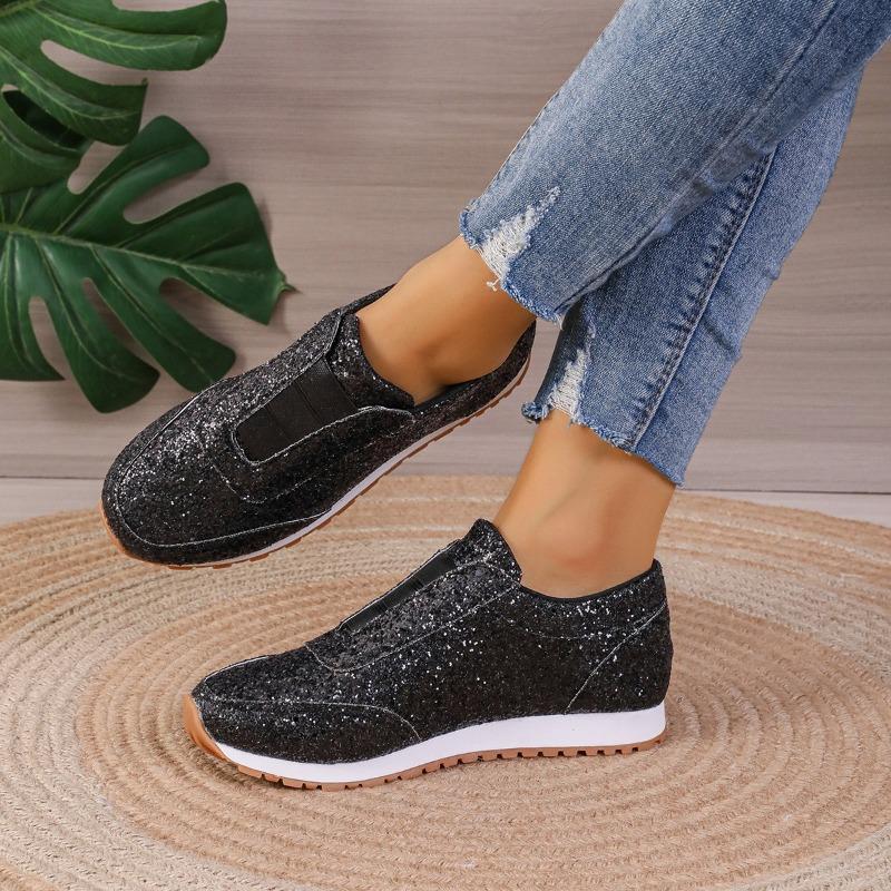 Women's Sequined Rhinestone Elastic Comfortable Thick-Soled Peep-Toe Casual Slip-On Shoes, Versatile Footwear.