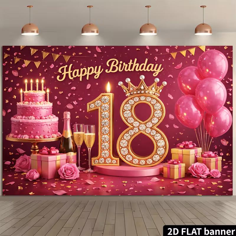 2D 18th Birthday Party Decoration Backdrop, Pink Gold Cake & Crown Photo Background Banner