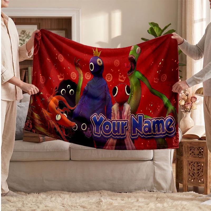 Rainbow Friends Personalized Flannel Blanket, Custom Printed Text Name, Warm Soft Blanket For Couch Bed