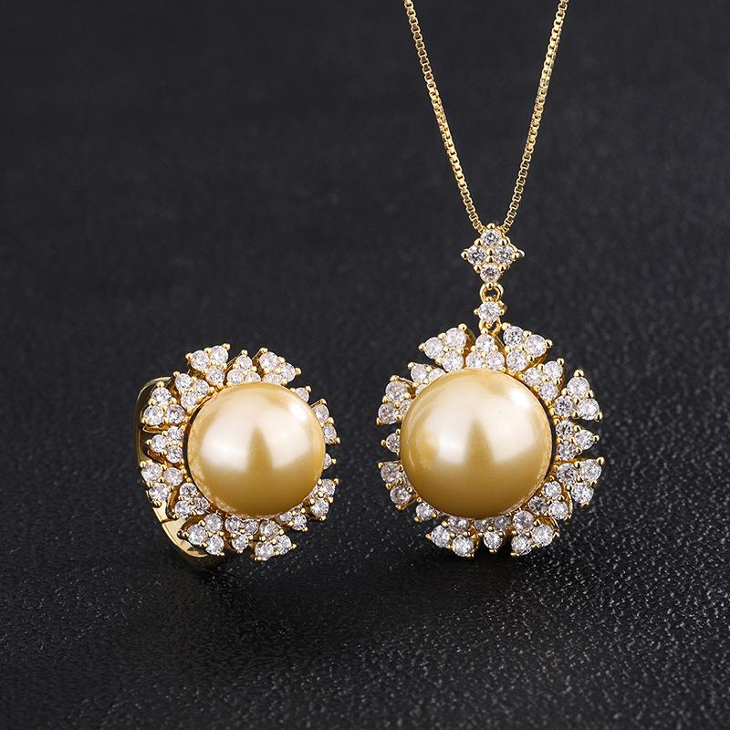 Jewelry Inlaid With Gold Beads, Light Yellow Gold With Diamonds, Ring Pendant Set, Beads 16Mm 14Mm