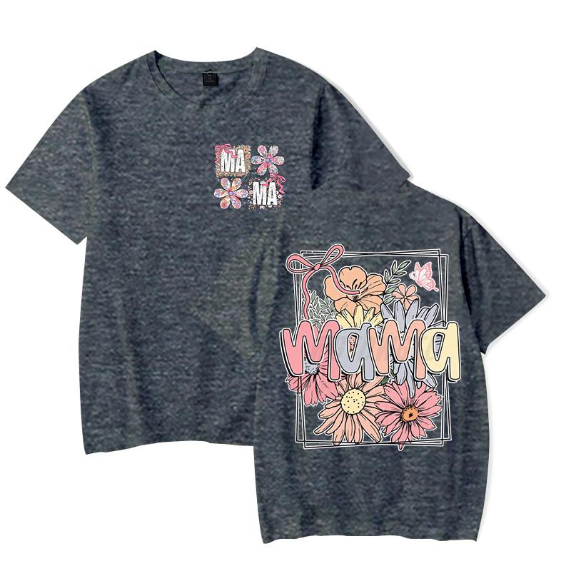 Boho Vintage Flower Mama T-Shirt Design Funny Gift for Mama Trendy Women Clothing Crew Neck Mother's Day Fashion Tops Clothes