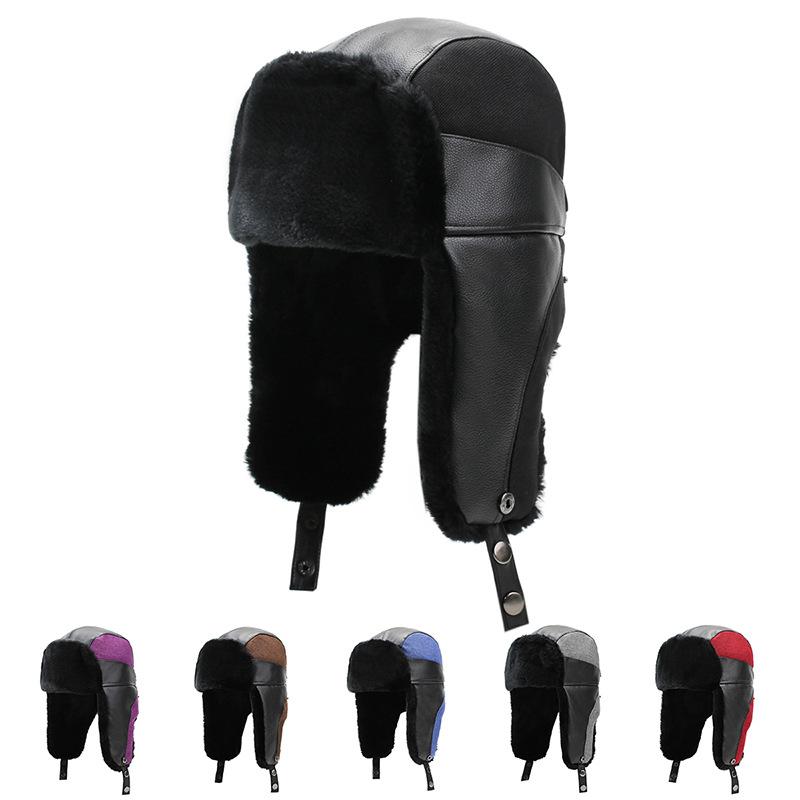 Winter PU Hat Bomber Hat Men's Outdoor Windproof Cold-Proof Ski Hat Thick Fleece Warm Cotton Hat
