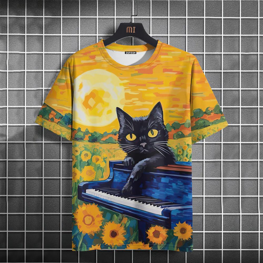 Oil Painting Cat Pattern T-shirt Short-sleeved Top