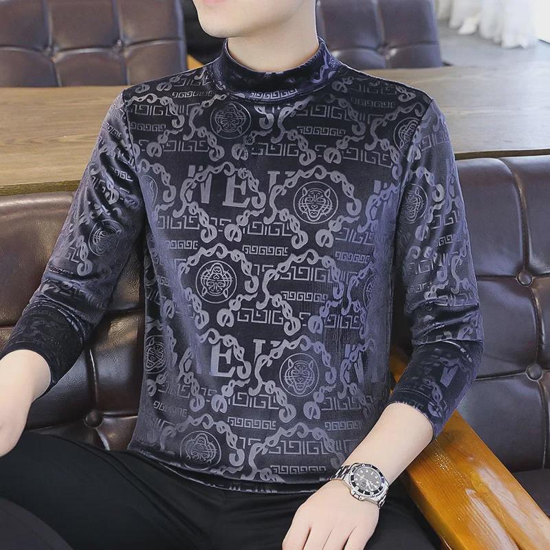 Ανδρικό μοντέρνο χρυσό βελούδινο μπλουζάκι με μακρυμάνικο μεσολαιμό - Παχύ, ζεστό, φθινοπωρινό/χειμωνιάτικο μπλουζάκι με μισό ψηλό γιακά