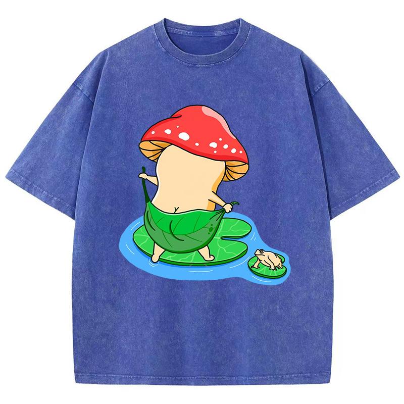 Bath Mushroom Cartoon Printing Women Washed T Shirt Cotton Oversized T-Shirt Casual  Top Summer Soft Streetwear