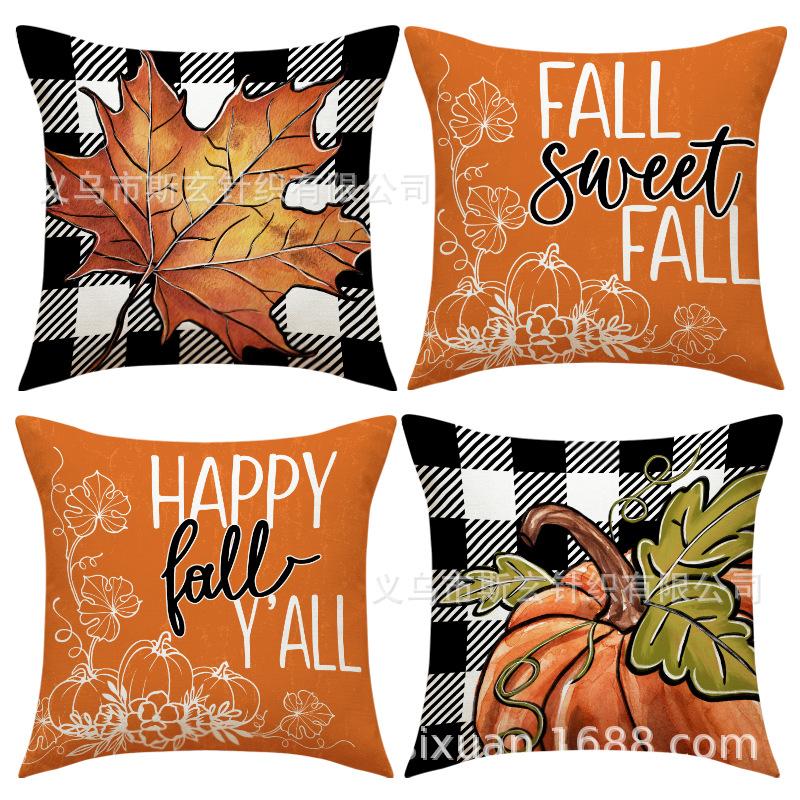 New Thanksgiving Pillow Cover Autumn Plaid Set Maple Leaf Print Cushion Indoor Versatile Sofa Cushion