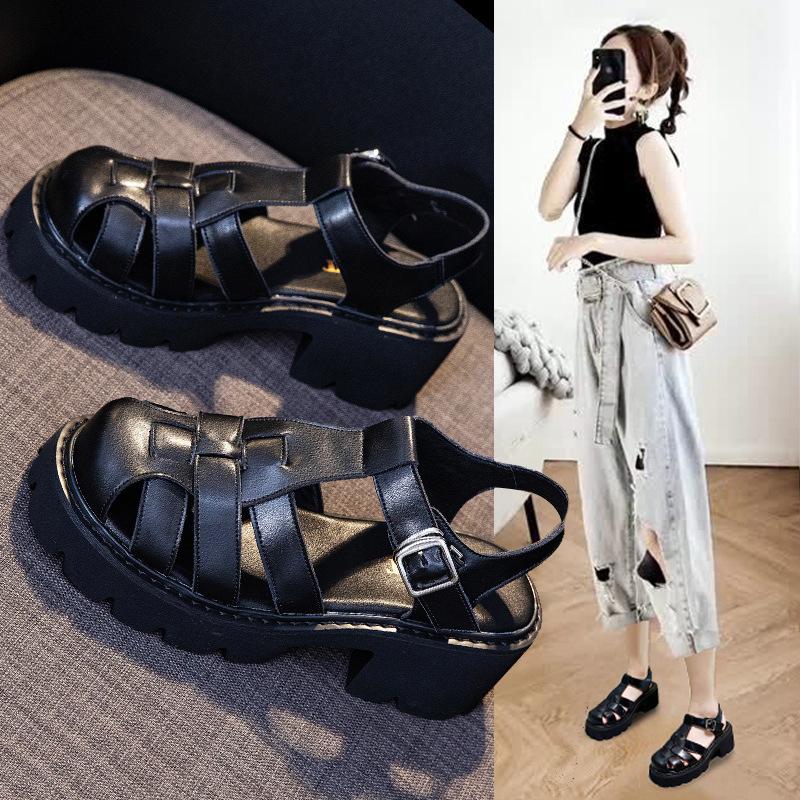 Leather Baotou Roman Sandals Women's High Heel 2025 New Platform Muffin Shoes Summer Hollow Heel Pig Cage Shoes