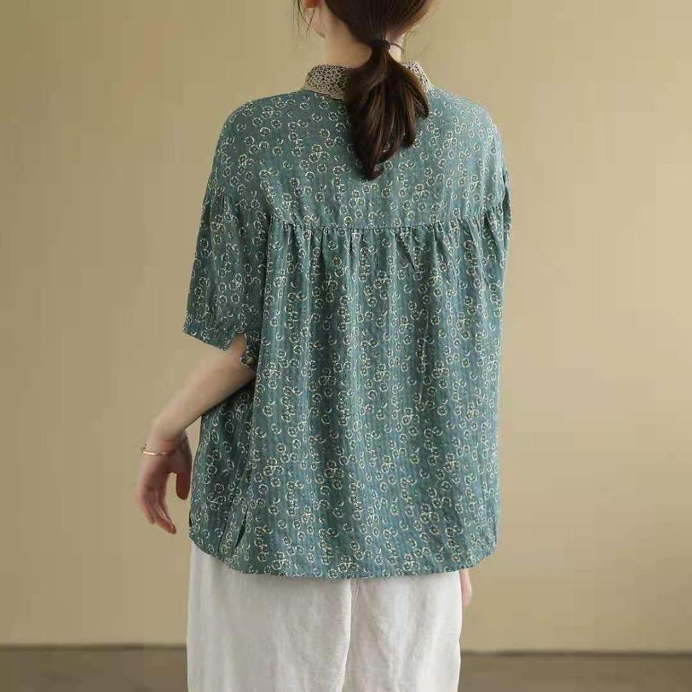 Women's Peter Pan Collar Short Sleeve Blouse Loose Fit Vintage Floral Print Cotton Linen Casual Top