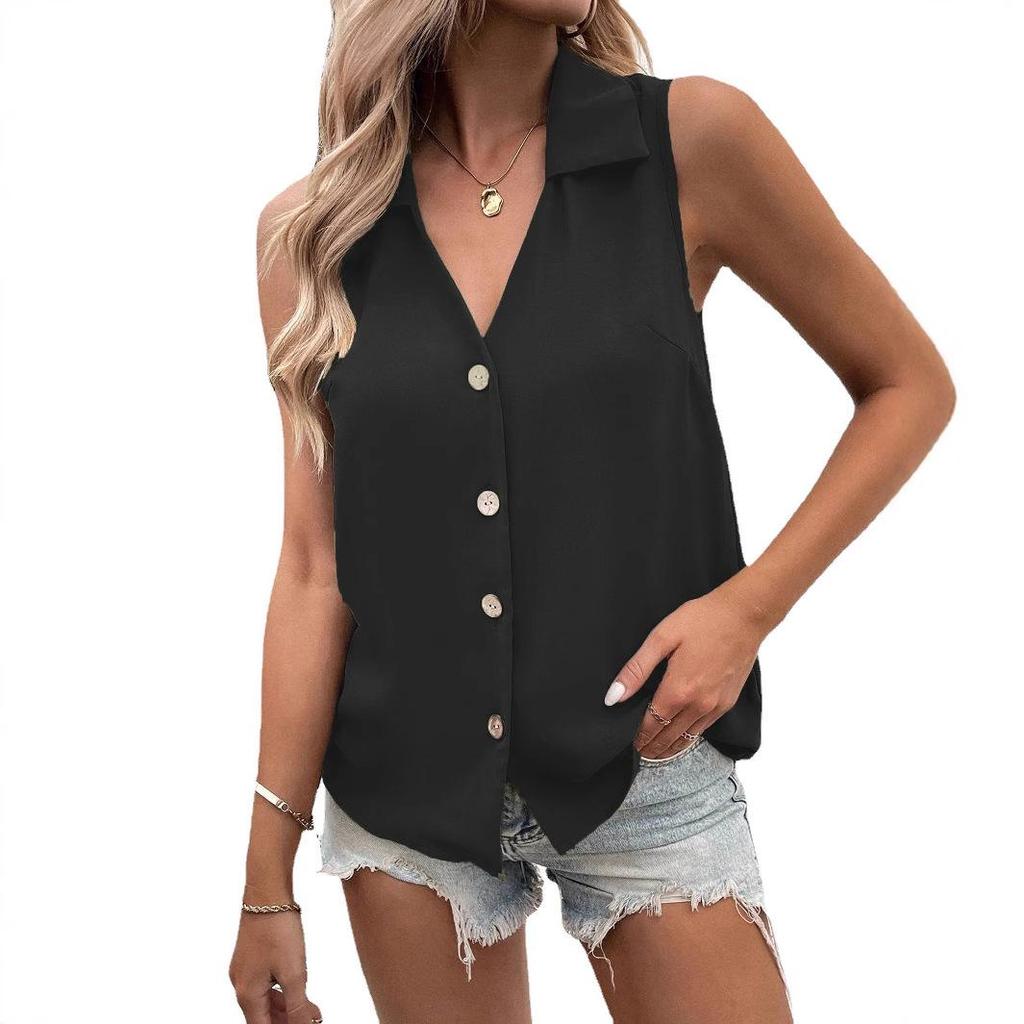 Vestă de damă 2023, uni, cu decolteu în V, din șifon fără mâneci, cu nasturi răsuciți