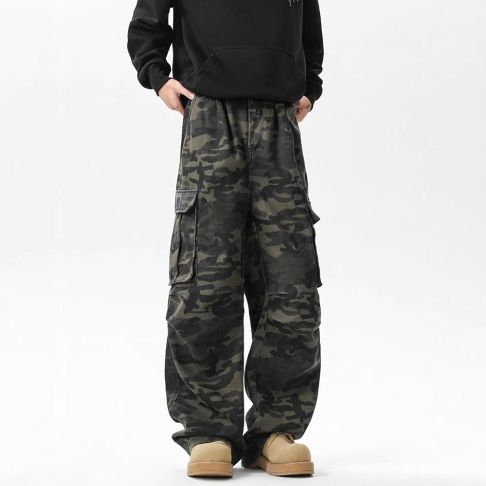 JYL Men's Cargo Flare Jeans American Vibe Lumberjack Camo High-Waist Slim Denim