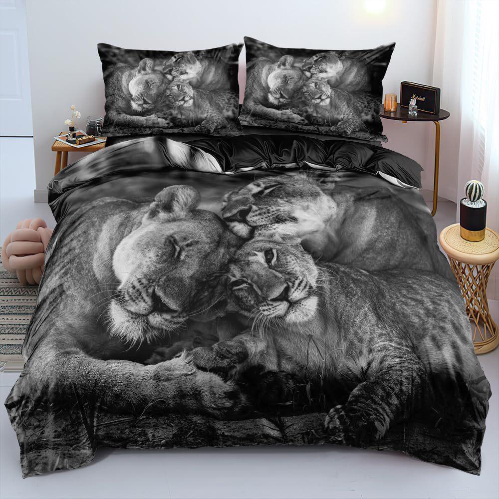 3D Lion Pattern Digital Printing Three-Piece Set Animal Duvet Cover Bed Sheet Bedding