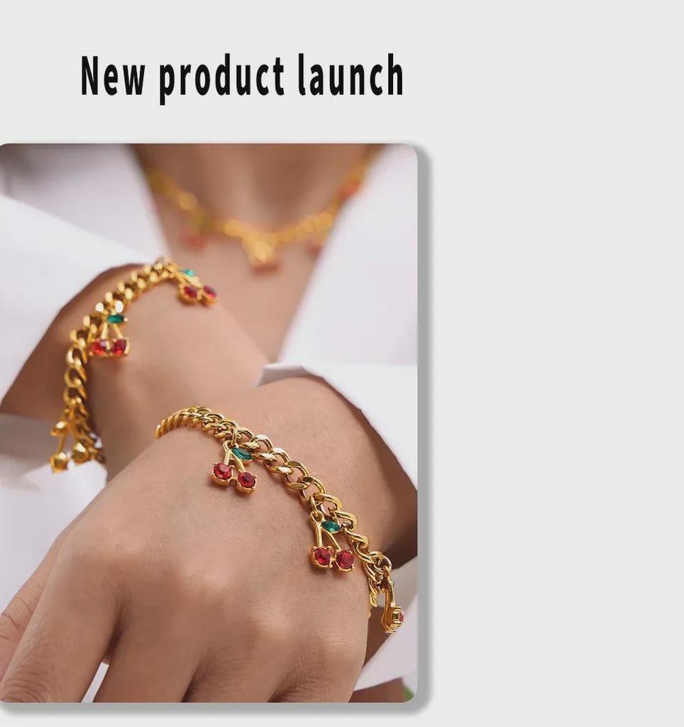 Szykowny zestaw biżuterii z czerwonymi czereśniami: Szklany Kamień Naszyjnik i Bransoletka