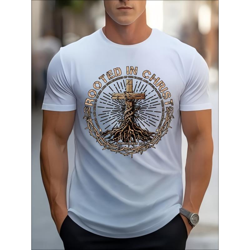 

European Size Men s Graphic T-Shirt - Inspirational Design with Cross & Roots, Washable Crew Neck Perfect for Christian Events & Daily Wear 4XL білий