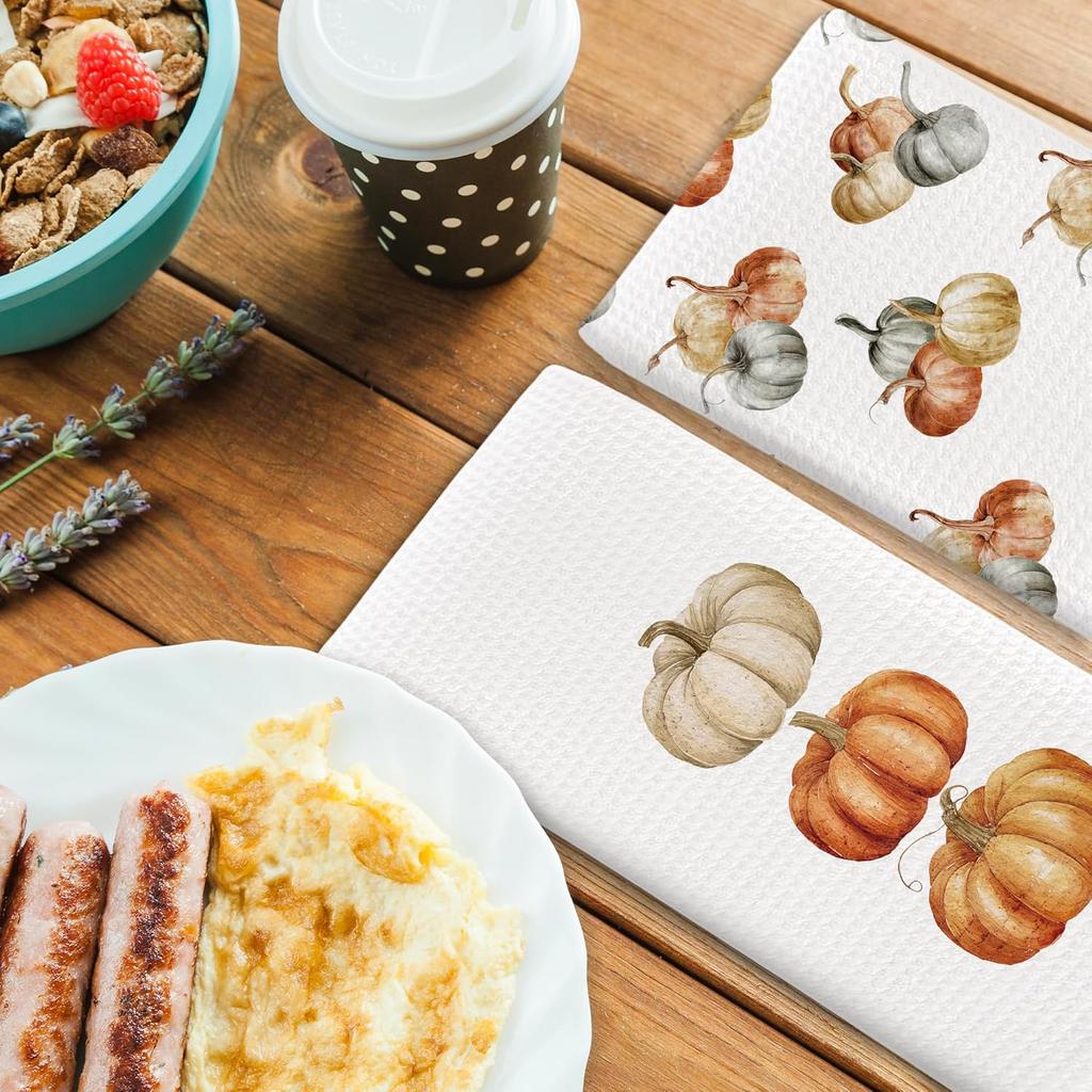 Fall Pumpkin Kitchen Towels Decor Set of 2 - Retro Autumn Moody Fall Hand Tea Towels, Rustic Cottagecore Fall Dish Towel Dishcloths Decorations for