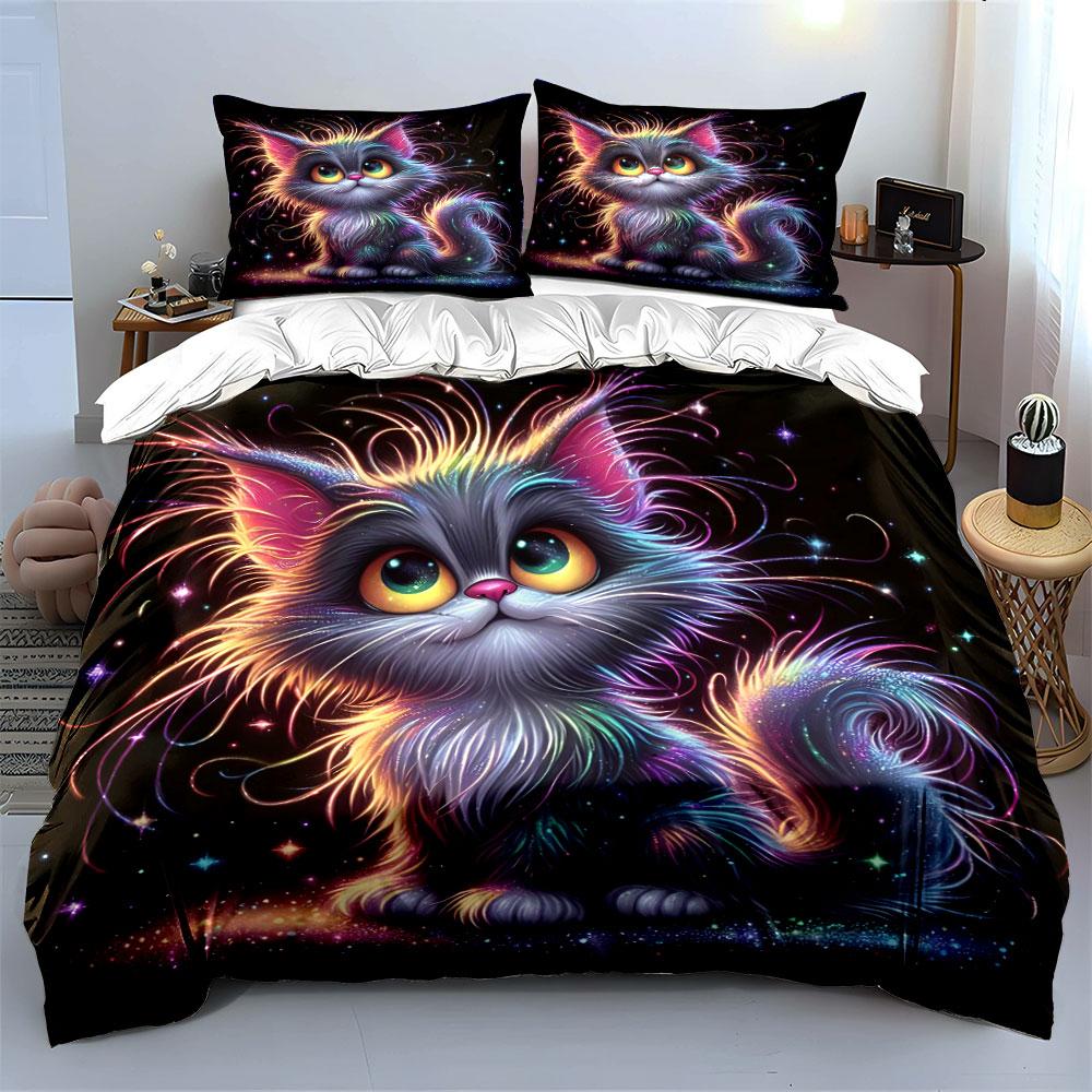 Colorful Cosmic Fantasy Cat. Print Bedding Set 1 Duvet Cover 2 Pillowcases For Adult And Children Luxury Gift Full Size