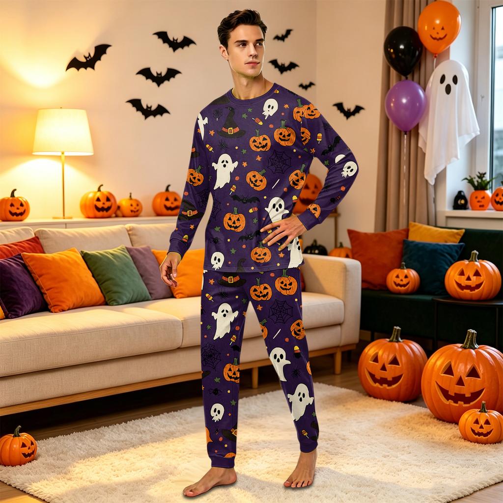 Family Matching Halloween Printed Pajama Set with Long Sleeve Top and Pants
