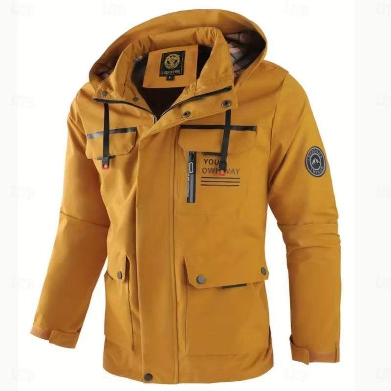 Men's Hooded Winter Jacket with Multiple Pockets, Red-Black Plaid Lining, and Adjustable Cuffs - Beige, Black, Army Green