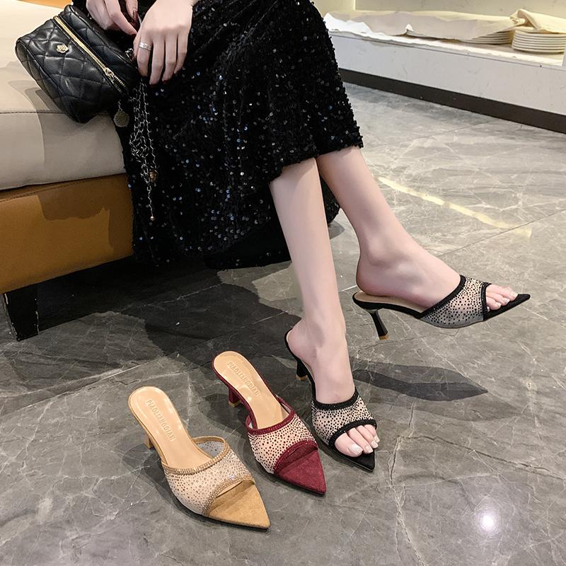 Fashion Summer Woman Thin Heel Rhinestone High Heel Slippers Fashion Open-toed Pointed End Slip-on Sexy Party High Heels Stiletto Sandal