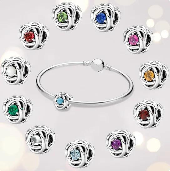 Copper Twelve Month Birthstone Heart Eternity Charms Beads Pendant Fit Original Bracelet For Women Fine Jewelry