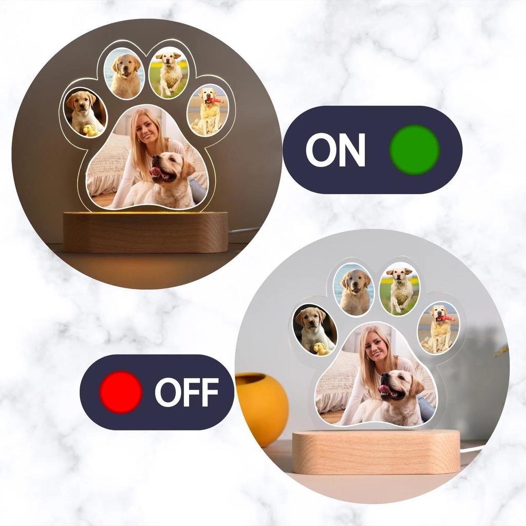 Personalized Acrylic Light Custom Pet Photo And Engraved Text Cute Dog Paw Shape With Wooden Base Creative Home Decor Gift