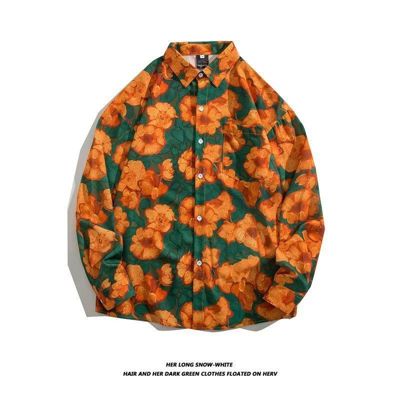 

Vintage Hong Kong-Style Floral Shirt: Unisex, Retro, Loose-Fit, Long-Sleeve Jacket L 53-60kg