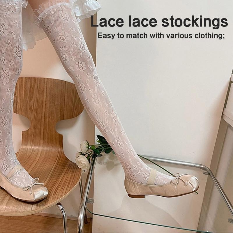 Japanese Fishnet Mesh Thigh High Stockings for Women Girl Flower Pattern Ruffle Lace Trim Frilly Over Knee Long Socks