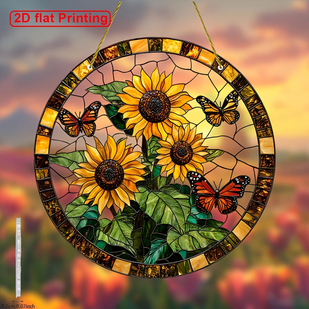 2D Flat Vibrant Sunflower Butterfly Stained Glass-Style Suncatcher Acrylic Hanging Decor for Windows Festive Party Decoration