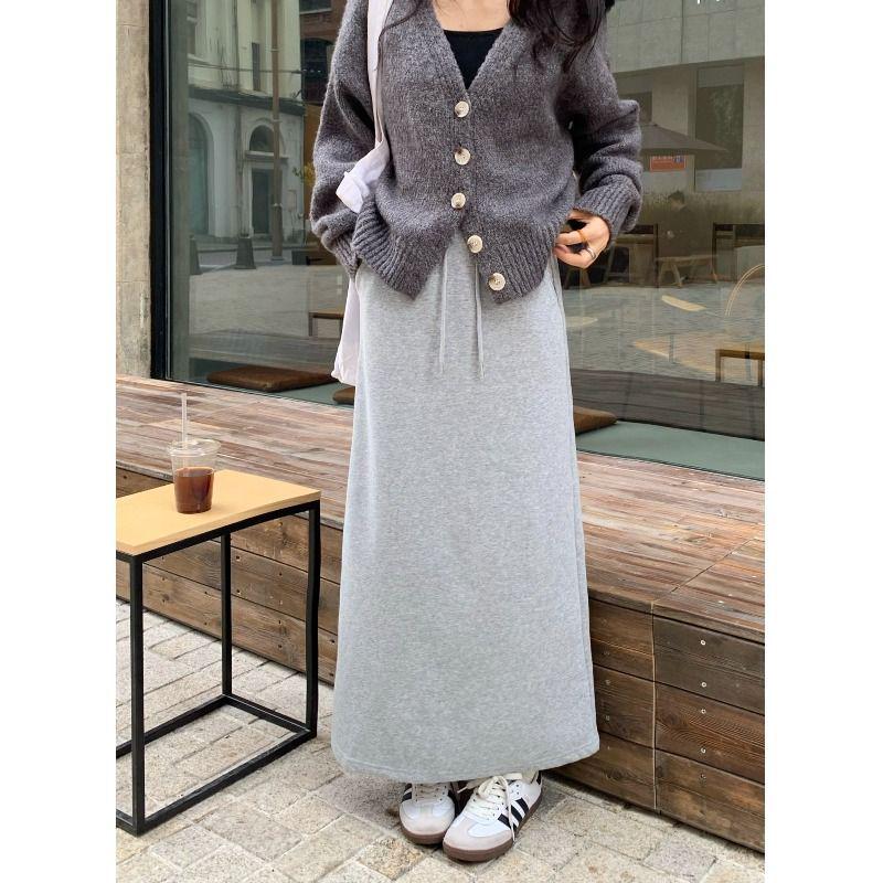 Korean Fluffy High Waist A-Line Skirt: Autumn/Winter Women's Casual Fashion with Drawstring Elastic Waist and Slit