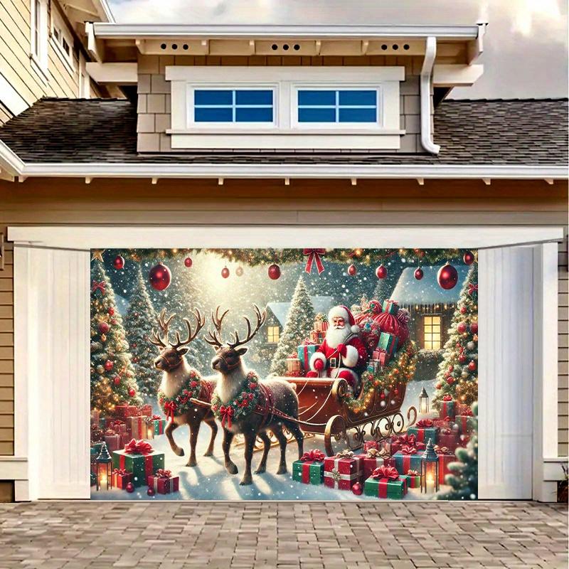 1 Piece Holiday Santa Claus Sled Background Cloth - Santa Claus and Reindeer Snow Scene Durable Indoor and Outdoor Decoration