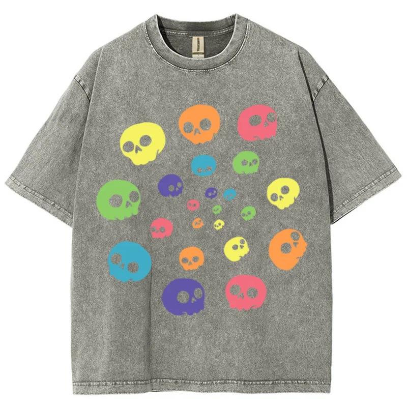 Cute Funny Style Colorful Skull Print Women's T-Shirt Round Neck Loose Oversized Short Sleeve Fashion Design Vintage Top Tee