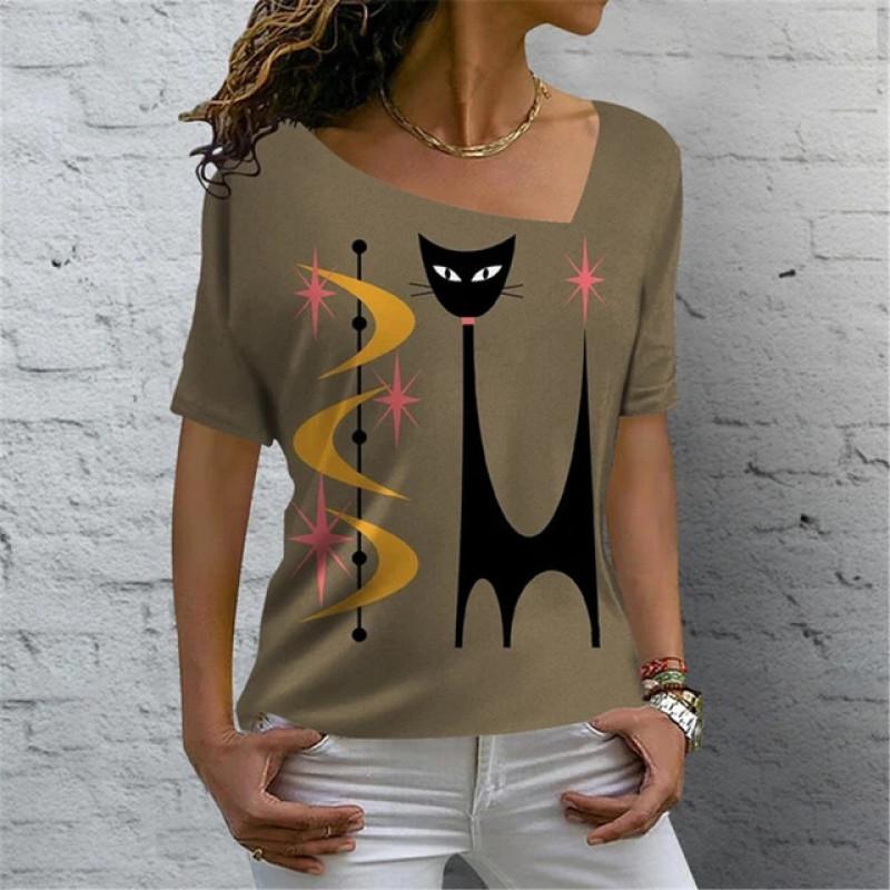 Kreslená kočka Digitální 3D tisk Dámské tričko Krátký rukáv Léto Ležérní Šikmý límec Personalizované Žena Dámské topy Oblečení